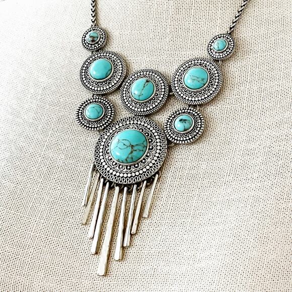 Lucky Brand Turquoise Silver Statement Bib Necklace - Picture 3 of 7
